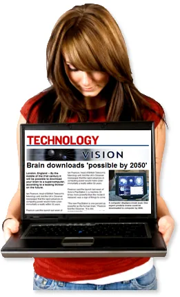 Student holding a laptop showing a technology news article