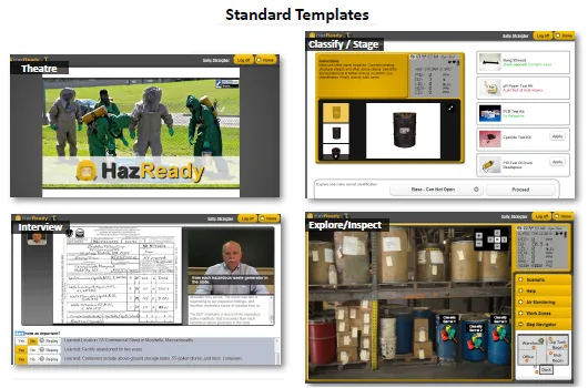 HazReady standard simulation templates shown on four screens